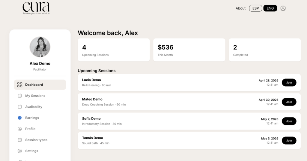 Facilitator dashboard with welcome card, three stats and upcoming sessions
