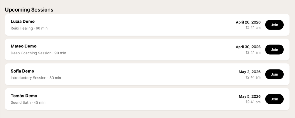 Upcoming sessions list with the Join button on each row