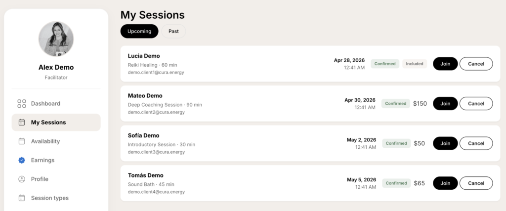 My Sessions screen with Upcoming and Past tabs and one row per booking