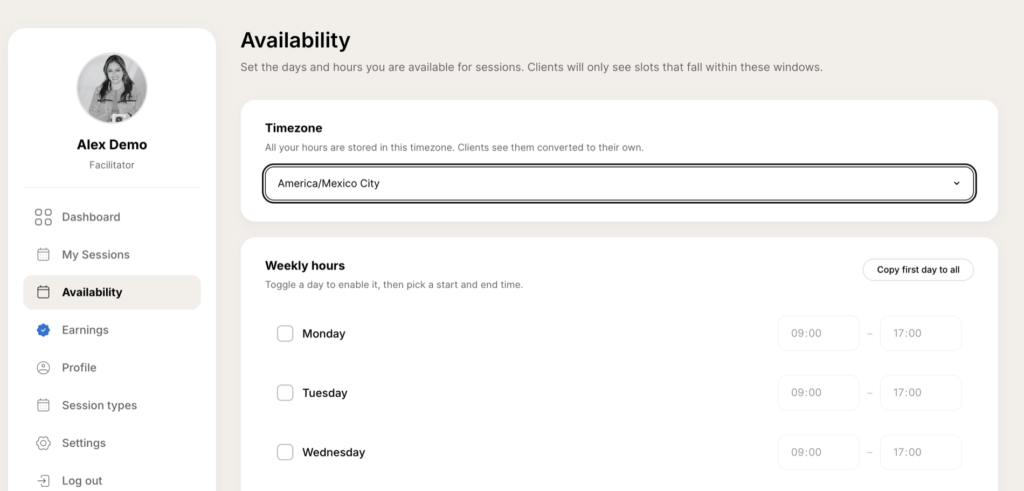Availability screen with timezone selector and weekly hours