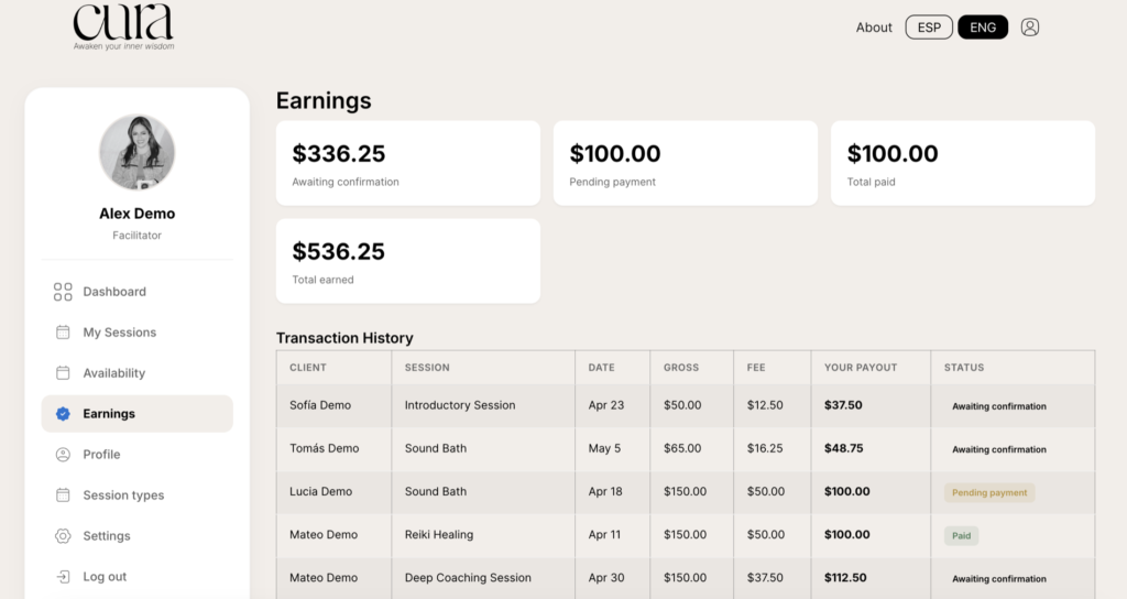 Earnings overview with four stat cards