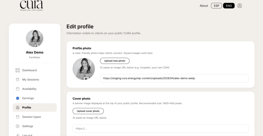 Profile photo section with current photo and Upload new photo button