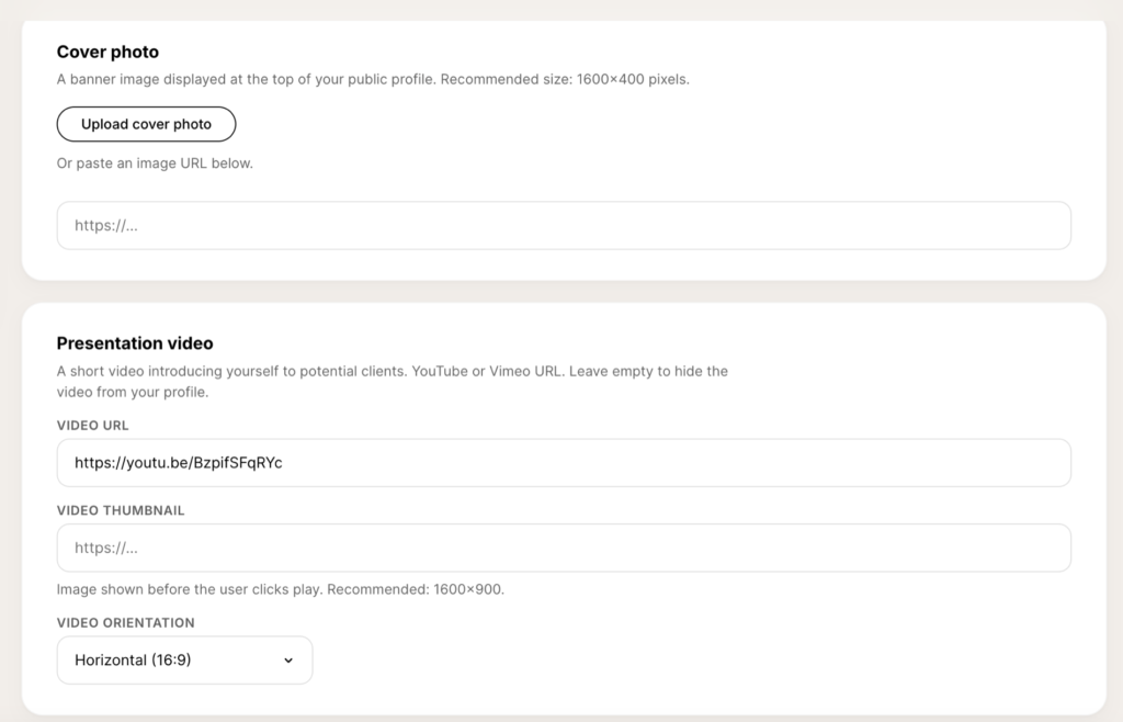 Cover photo and presentation video fields