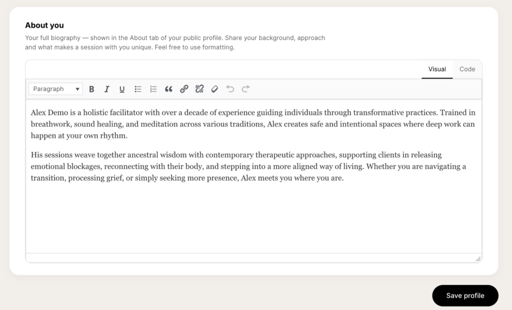 About you — full biography editor with rich text controls