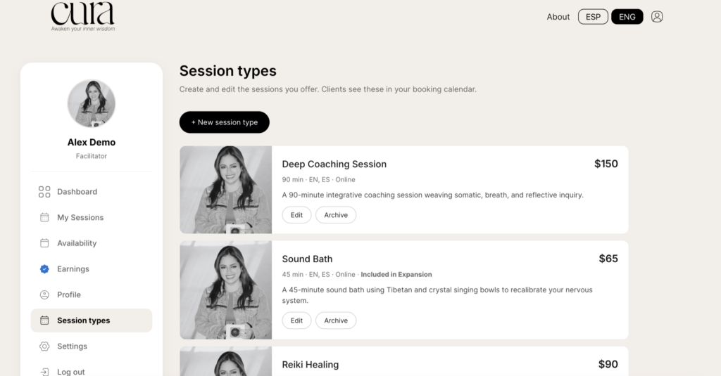 Session types tab with cards for Deep Coaching, Sound Bath and Reiki Healing