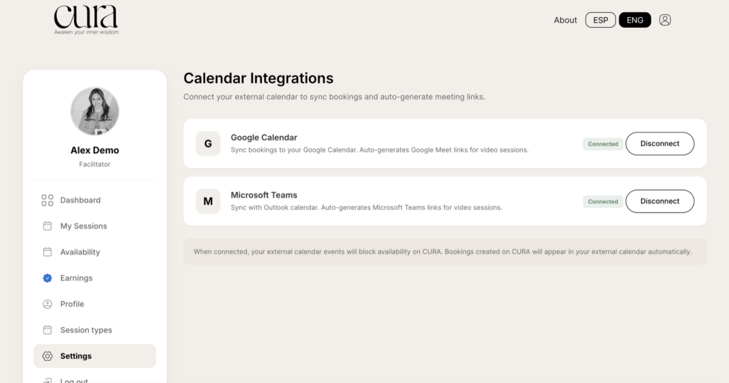 Calendar Integrations screen with Google Calendar and Microsoft Teams cards